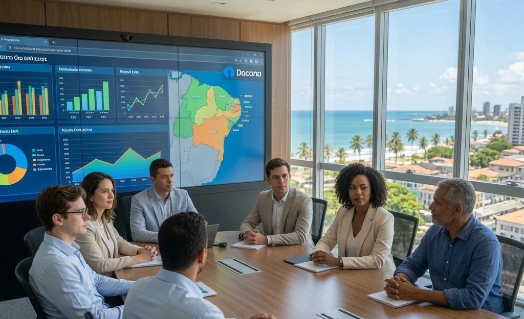 Equipe de gestão acompanhando painéis da Docana em uma sala de situação