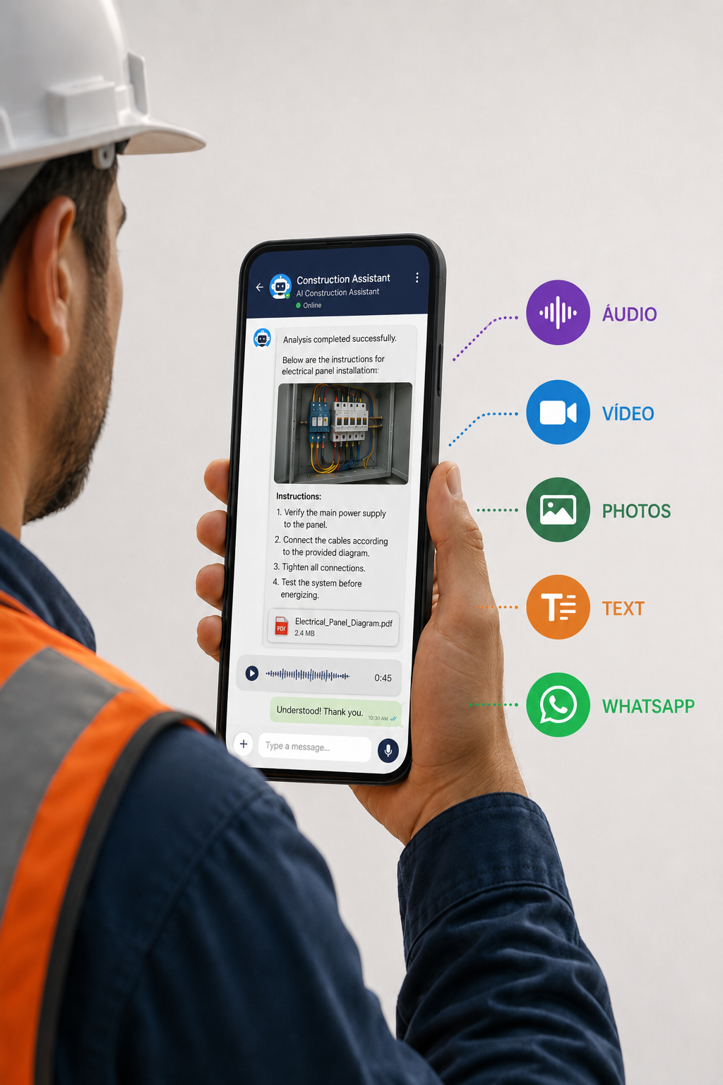 A foreman in a hard hat reading installation instructions from the Construction Assistant on WhatsApp, with a photo of the electrical panel and a step-by-step list